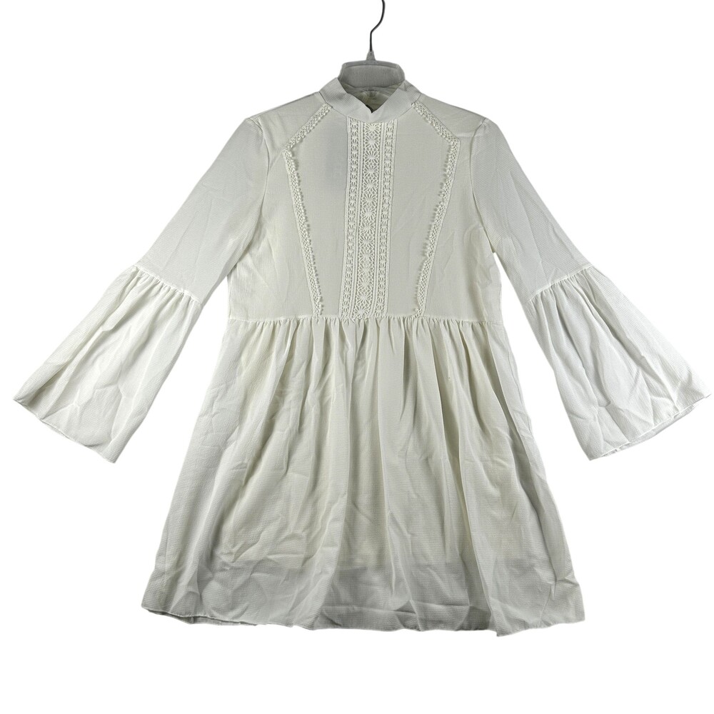 Boohoo Dress Womens 6 White Boho Crochet Bell Sleeve Smock Mini Trapeze Lined